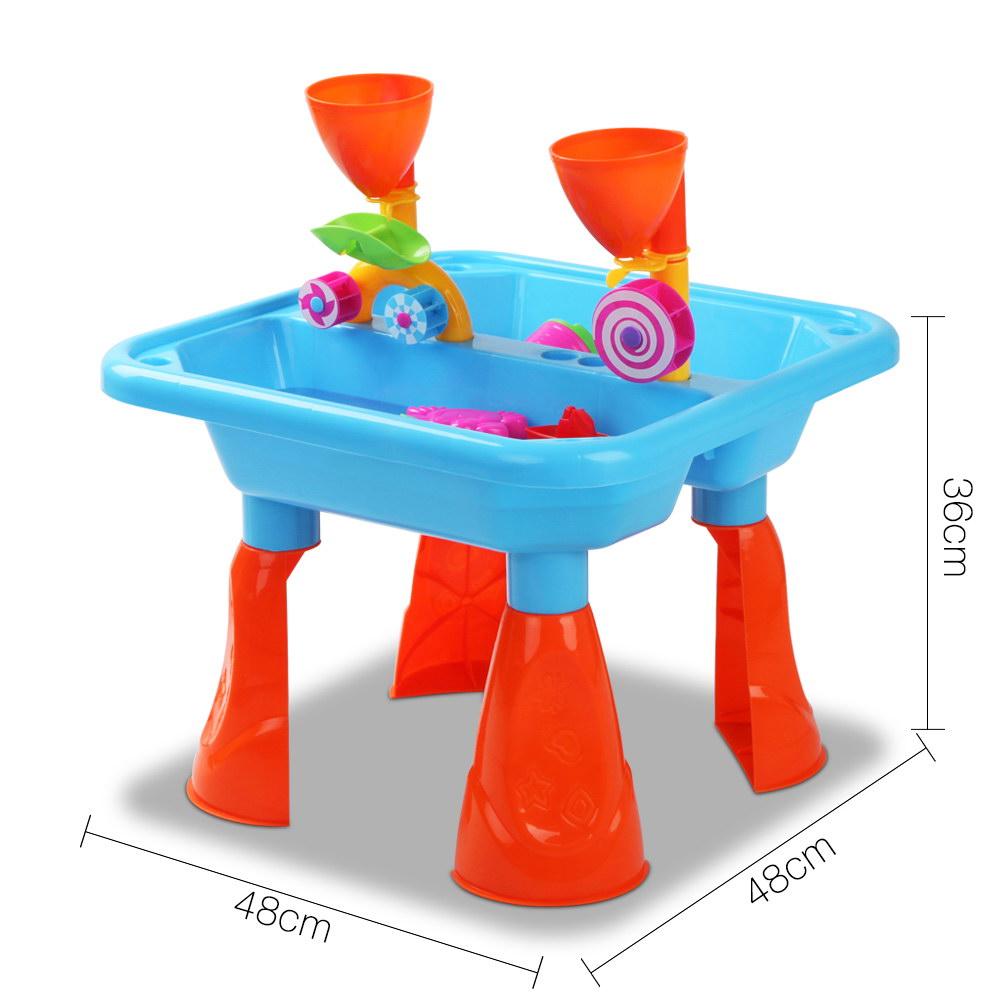 Keezi 23 Piece Kids Play Table Set featuring colorful sand and water play accessories including boats, moulds, and tools for outdoor fun.